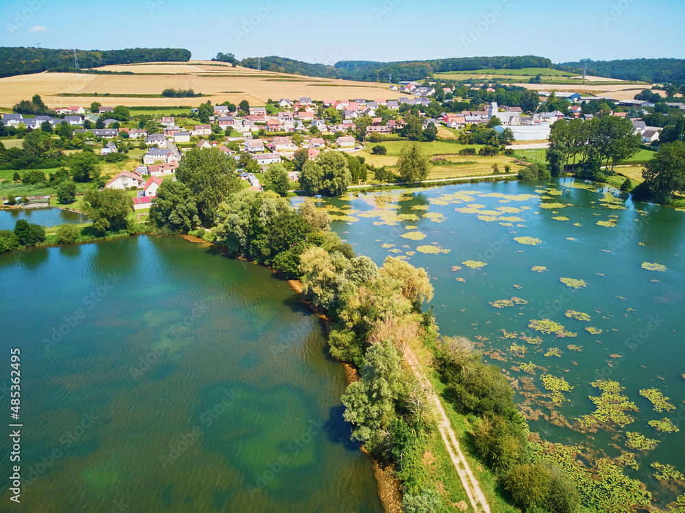 Aerial drone view of a lake in Normandy, France