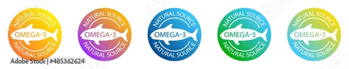 Set of Omega-3 natural source stamps. Logo or label. Fish icon. Healthy fat. Vitamins. Fish oil