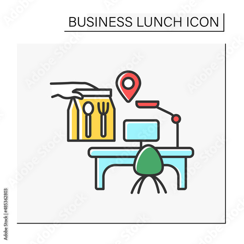 Delivery color icon. Fast food delivery. Lunch time at work. Office with table and laptop. Business lunch concept. Isolated vector illustration