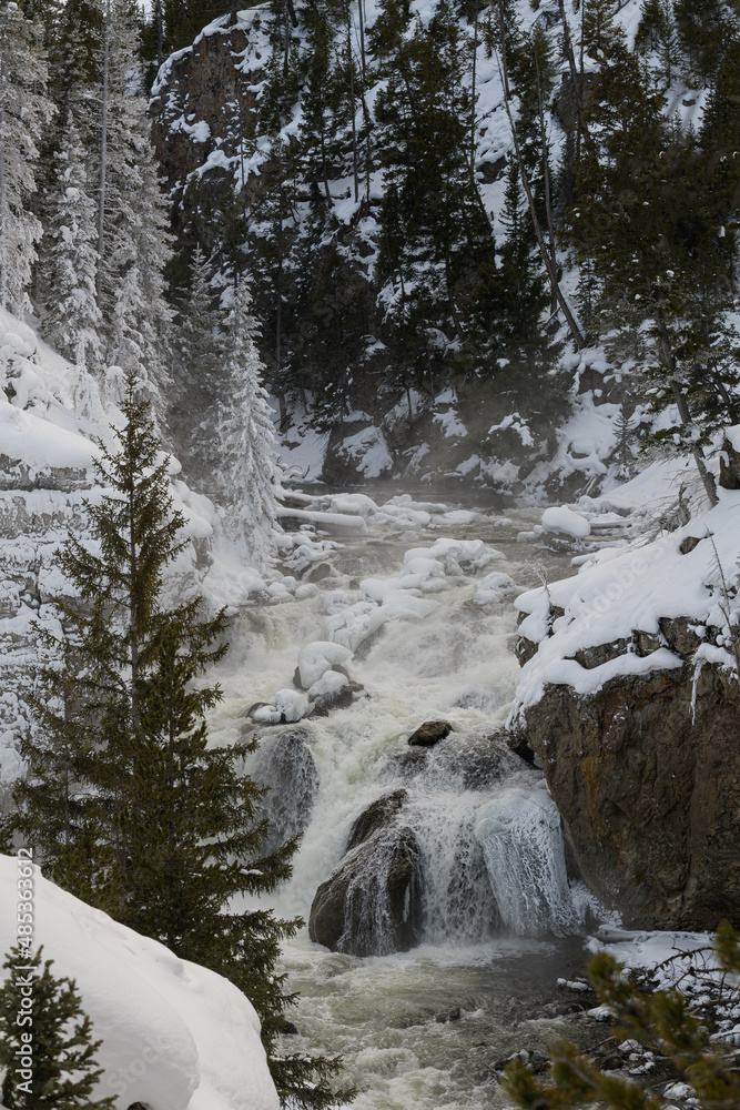 Winter scenery in Yellowstone National Park. Firehole Falls on the Firehole River. Winter scenery in Yellowstone National Park. Firehole Falls on the Firehole River.