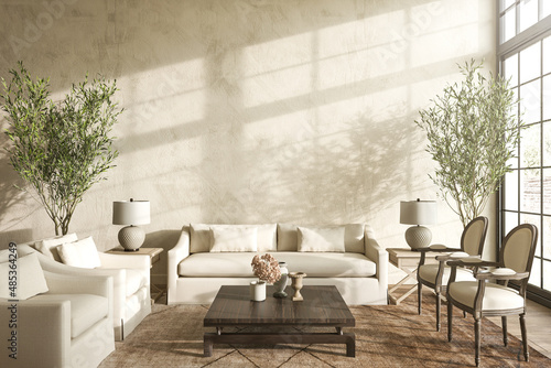 Modern Hampton style interior design in livingroom. Lighting and sunny house with large classic windows. Mock up wall. 3d render illustration.