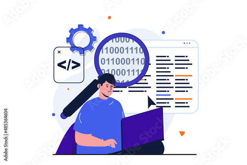 Programmer working modern flat concept for web banner design. Male developer analyzes and optimizes code, configures software and working on laptop. Vector illustration with isolated people scene