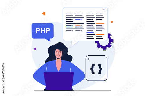 Programmer working modern flat concept for web banner design. Woman developer analyzes and optimizes code on screen, engineering, working at laptop. Vector illustration with isolated people scene