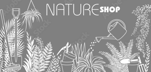 Auto collant pour décorer la vitrine de votre boutique de jardinage avec des silhouettes blanches de diverses plantes et outils de jardin.