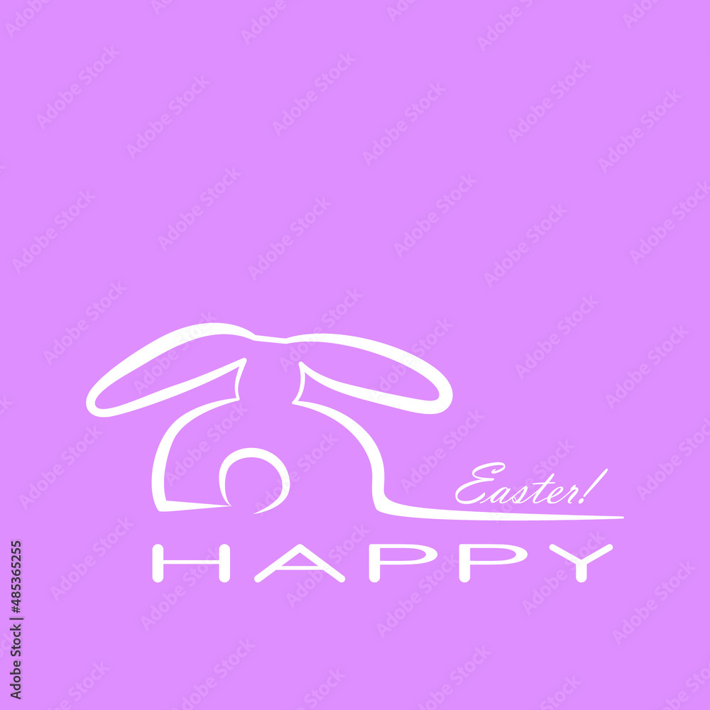 Happy Easter greeting card with bunny. Spring. Rabbit one line vector illustration on  pink background.