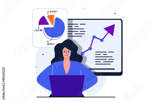 Sales performance modern flat concept for web banner design. Woman marketer analyzes business statistics, increases profits and plans financial goals. Vector illustration with isolated people scene