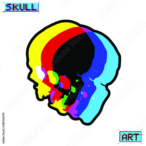 Skull Art. Vector skull silhouette in CMYK color mode offset channels in the style of misprints and vintage paper misprints.
