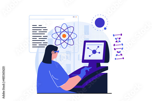 Science research modern flat concept for web banner design. Woman scientist researches atomic structure and analyzes data using computer in laboratory. Vector illustration with isolated people scene