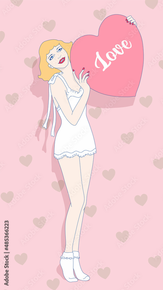my valentine vintage pinup girl holding heart sign with love text, sweet and light pastel card print poster design