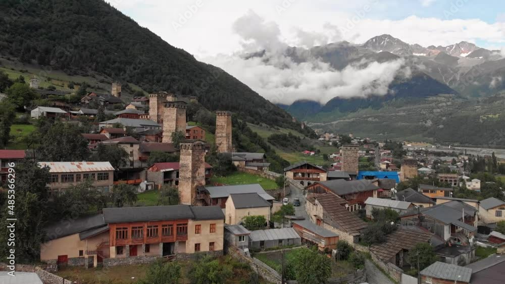 Mestia village with typical tower houses Mestia village with typical tower houses