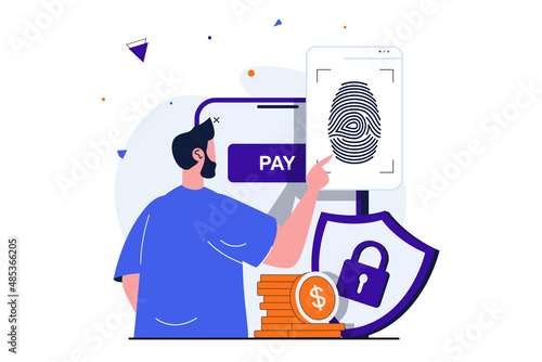 Secure payment modern flat concept for web banner design. Man makes online payment confirming his identity with fingerprint. Protection of transactions. Vector illustration with isolated people scene