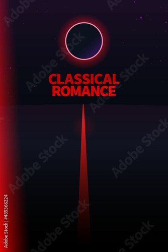 Aesthetic night road and eclipse moon with sample text layout, print poster background design, dark neon vaporwave mysterious feeling