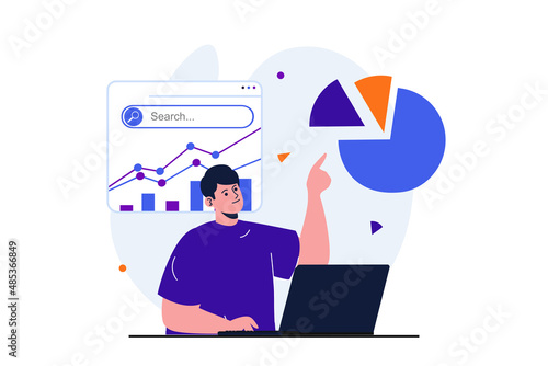 Seo analysis modern flat concept for web banner design. Man analyzes data, adjusts search results, raises rating, increases traffic, works at laptop. Vector illustration with isolated people scene