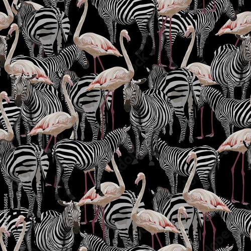 Seamless pattern with wild animals such as zebra and flamingo on black background. 