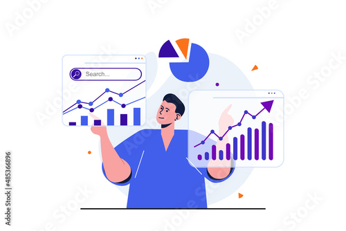 Seo analysis modern flat concept for web banner design. Man analytic analyzes site data and studies graphs on screens and develops promotion strategy. Vector illustration with isolated people scene