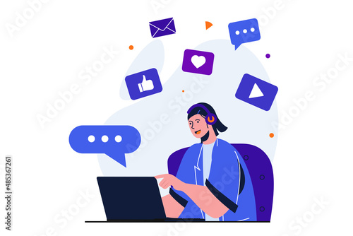 Social media marketing modern flat concept for web banner design. Woman creates content, posts, communicates with followers, collects likes and promotes. Vector illustration with isolated people scene © alexdndz
