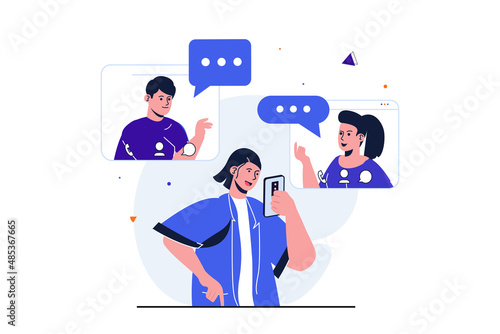 Social network modern flat concept for web banner design. Friends meet online using video calls in mobile application. Men and women communicates online. Vector illustration with isolated people scene