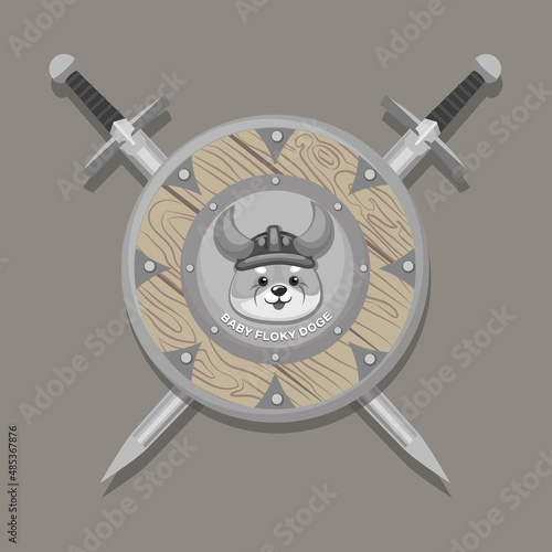 Baby Doge. Floki Inu, symbol of a cryptocurrency coin, depicted on a viking shield with swords. Dog coin sample. Meme tokens. Doge meme cryptocurrency. Vector illustration. 
