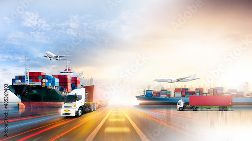 Global business logistics import export and container cargo freight ship, cargo plane, container truck on highway at city background with copy space, transportation industry concept