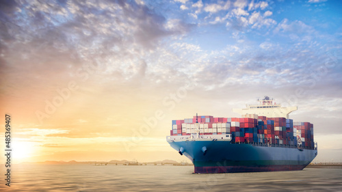 Container cargo ship in the ocean at sunset sky, Global business logistics import export background, Freight transportation, Shipping