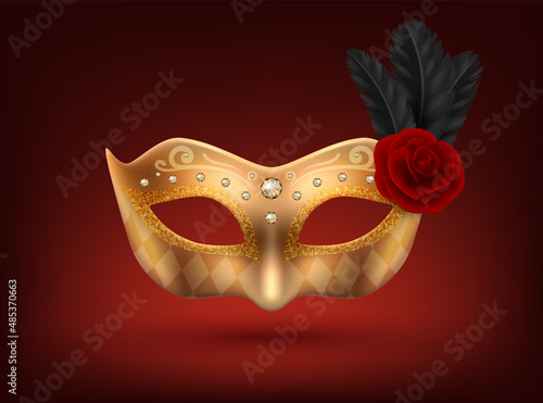 Vector 3d Realistic Carnival Face Mask, Rose, Feather. Golden Mask for Party, Black Feathers, Red Rose. Masquerade Closeup. Design Template of Mask. Carnival, Party, Secret, Hero, Stranger Concept