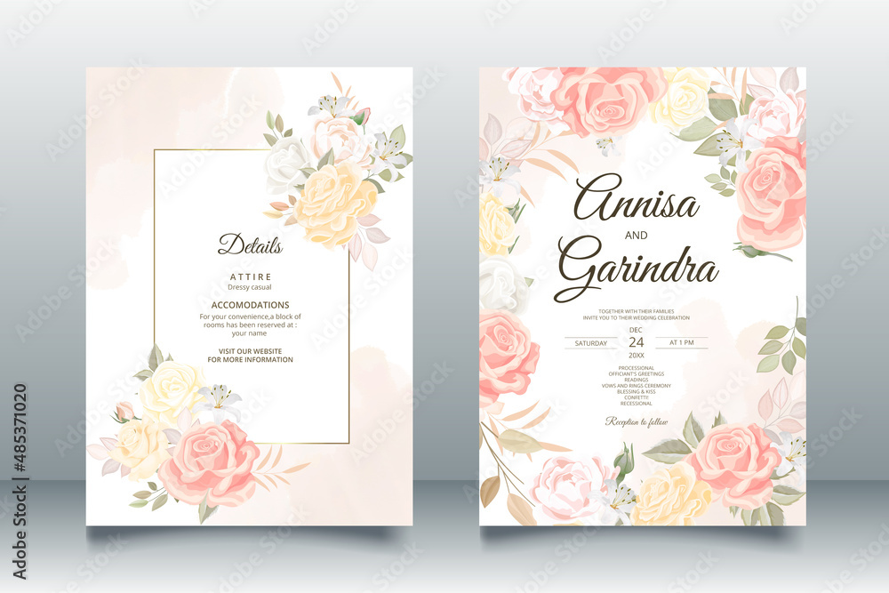  Beautiful floral frame wedding invitation card template Premium Vector