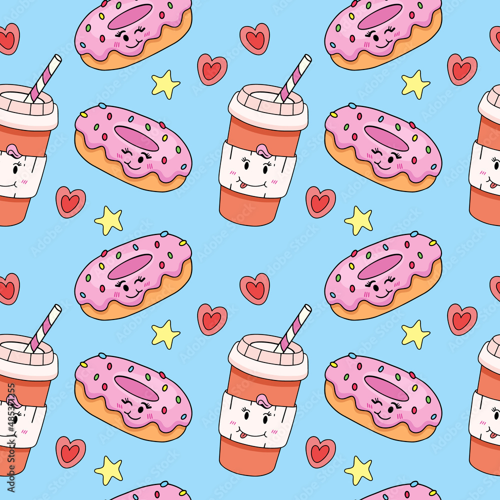 A cup of coffee and a donut, seamless vector pattern, freehand drawing, doodle