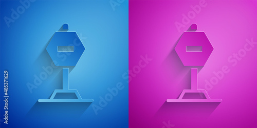 Paper cut Stop sign icon isolated on blue and purple background. Traffic regulatory warning stop symbol. Paper art style. Vector