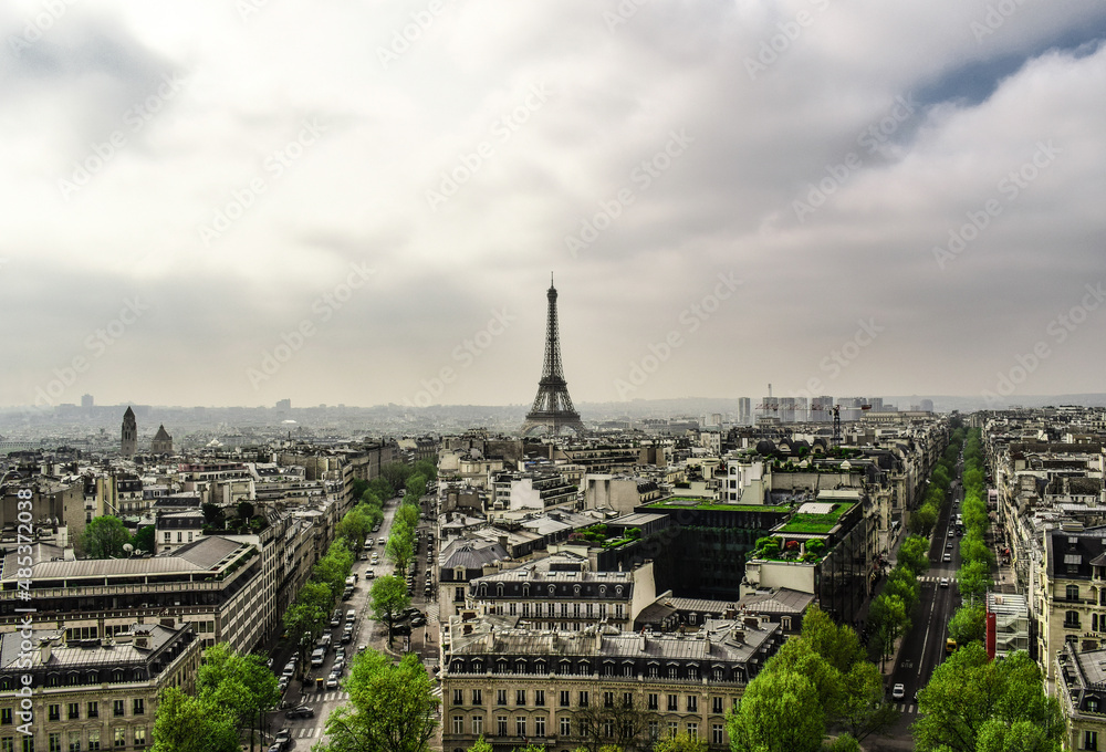 View of Paris with Eiffel Tower with Clouds and Trees
