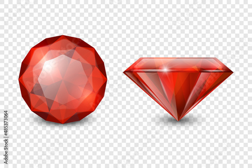 Vector 3d Realistic Red Gemstone, Crystal, Rhinestones Icon Set Closeup Isolated. Jewerly Concept. Design Template, Clipart. Colored Gems, Crystals, Rhinestones, Gemstones, Top and Side View