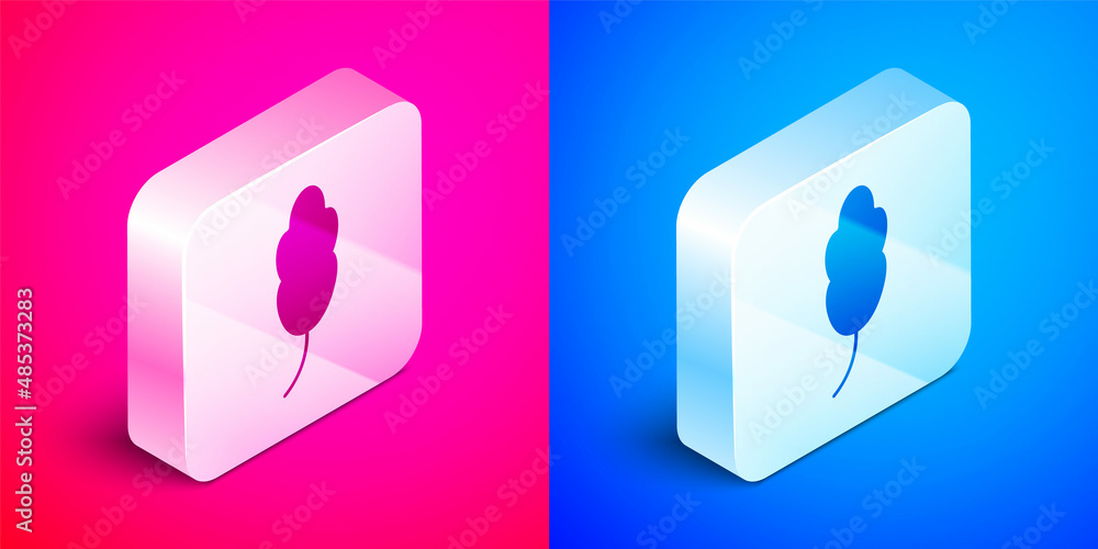 Isometric Feather icon isolated on pink and blue background. Silver square button. Vector