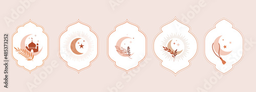Ramadan Kareem islamic design crescent moon and mosque dome silhouette with flowers in beautiful vintage frames. Modern boho illustrations