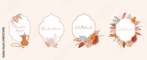Ramadan Kareem islamic design, vintage frames with flowers, leaves, lanterns and mosque dome silhouette. Modern boho illustrations