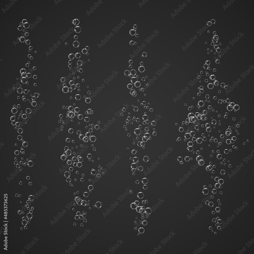 Obraz premium Bubbles stream under water fizzing sparkles soda pop, champagne. Vector illustration on transparent background