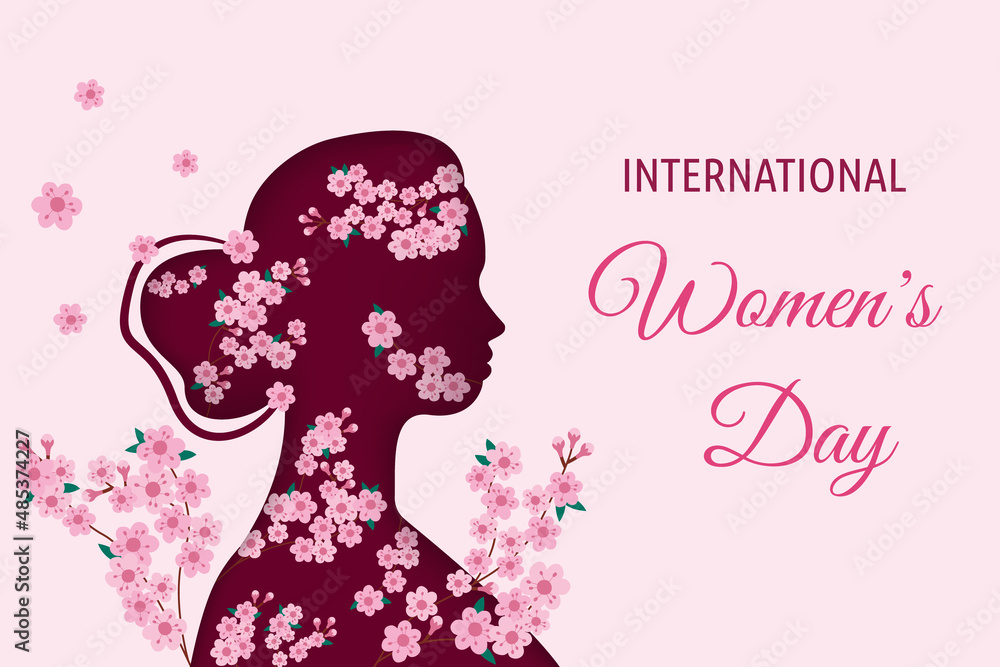 Happy Womens Day greeting card vector illustration. Papercut female silhouette in profile with beautiful pink Sakura flowers and branches. Cute paper craft design for International Women Day holiday