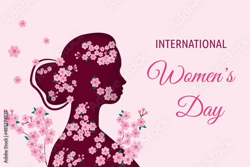Happy Womens Day greeting card vector illustration. Papercut female silhouette in profile with beautiful pink Sakura flowers and branches. Cute paper craft design for International Women Day holiday