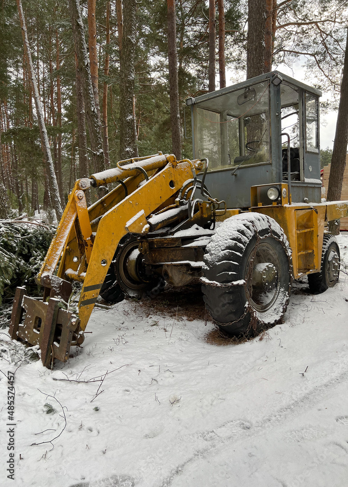 winter photo of a coniferous forest in the countryside of Poland sawmill with wood snow on trees loader forest machine winter photo of a coniferous forest in the countryside of Poland sawmill with wood snow on trees loader forest machine