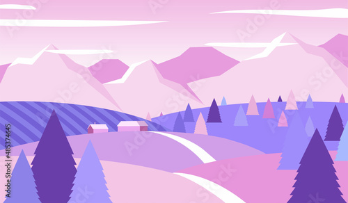Village landscape. Cityscape or Urban Landscape with Scattered Houses and Hills with Trees. Flat cartoon illustration in violet color. Good for banner, card, poster, web, design element