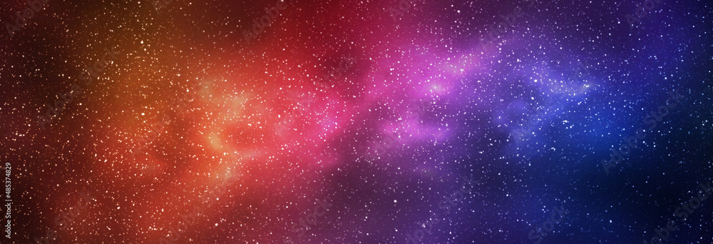 Night starry sky and bright blue red galaxy, horizontal background banner