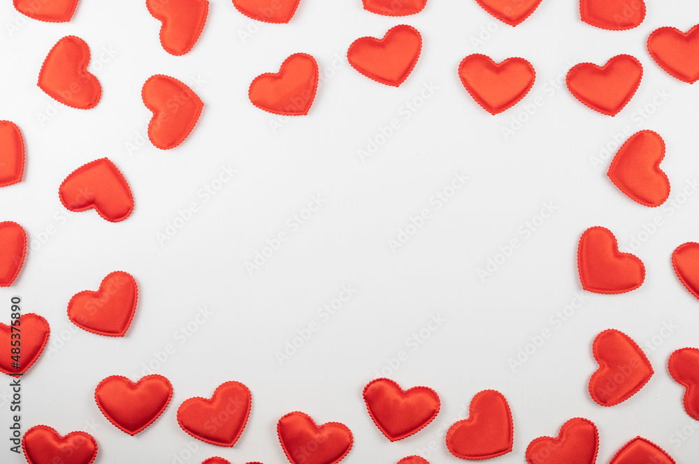 Valentine day white wood background with red hearts background. Valentines day or love concept, copy space