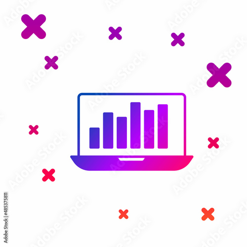 Color Laptop with graph chart icon isolated on white background. Report text file icon. Accounting sign. Audit, analysis, planning. Gradient random dynamic shapes. Vector