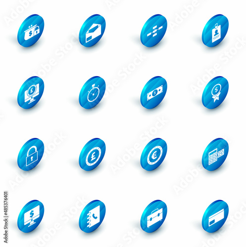 Set Envelope, Identification badge, Computer monitor with pound sterling symbol, Lock, Stopwatch, Reward for good work and Stacks paper money cash icon. Vector