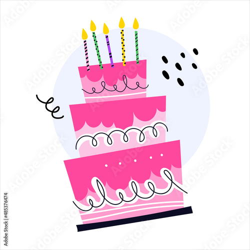 Hand drawn cute pink  Birthday cake with candles. Flat style vector illustration, isolated on white background.  Happy birthday greeting card design with hand drawn cupcake with candles