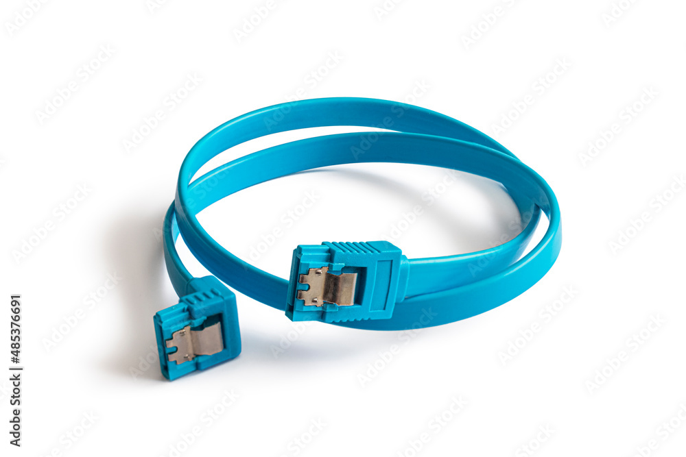 Blue flat SATA computer cable Isolated on white background Blue flat SATA computer cable Isolated on white background