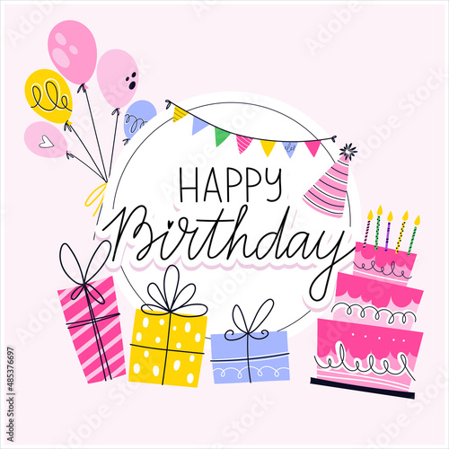 Happy birthday greeting card design with Happy birthday lettering. Pink, Round shape. Birthday elements. Cake with candles, gifts and balloons. Cute design for banner, postcards.