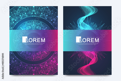 Minimalist posters set with fractal gradient shapes. Blockchain technology concept. Big data visualization, Artificial intelligence. Quantum technology. Eps10 vector