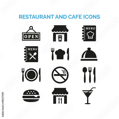 Restaurant and cafe icons set on white background.