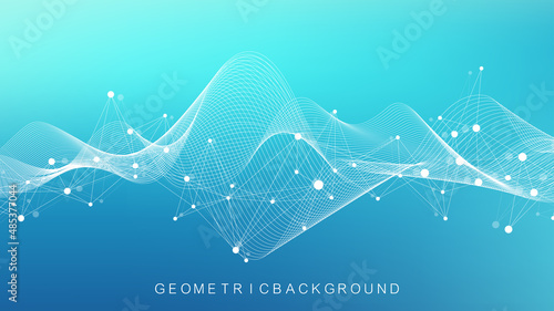 Digits abstract background with connected line and dots, wave flow. Digital neural networks. Network and connection background for your presentation. Graphic polygonal background. Vector illustration.