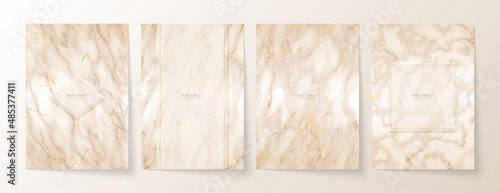 Luxury elegant backgrounds set. Beige marble texture with gold veins and glossy copy space with shiny borders. Modern premium templates in nude pastel colors for invitation, card or notebook cover