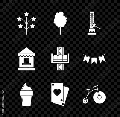 Set Fireworks, Cotton candy, High striker attraction with big hammer, Ice cream in waffle cone, Playing card, Vintage bicycle wheel small, Ticket box office and Attraction carousel icon. Vector